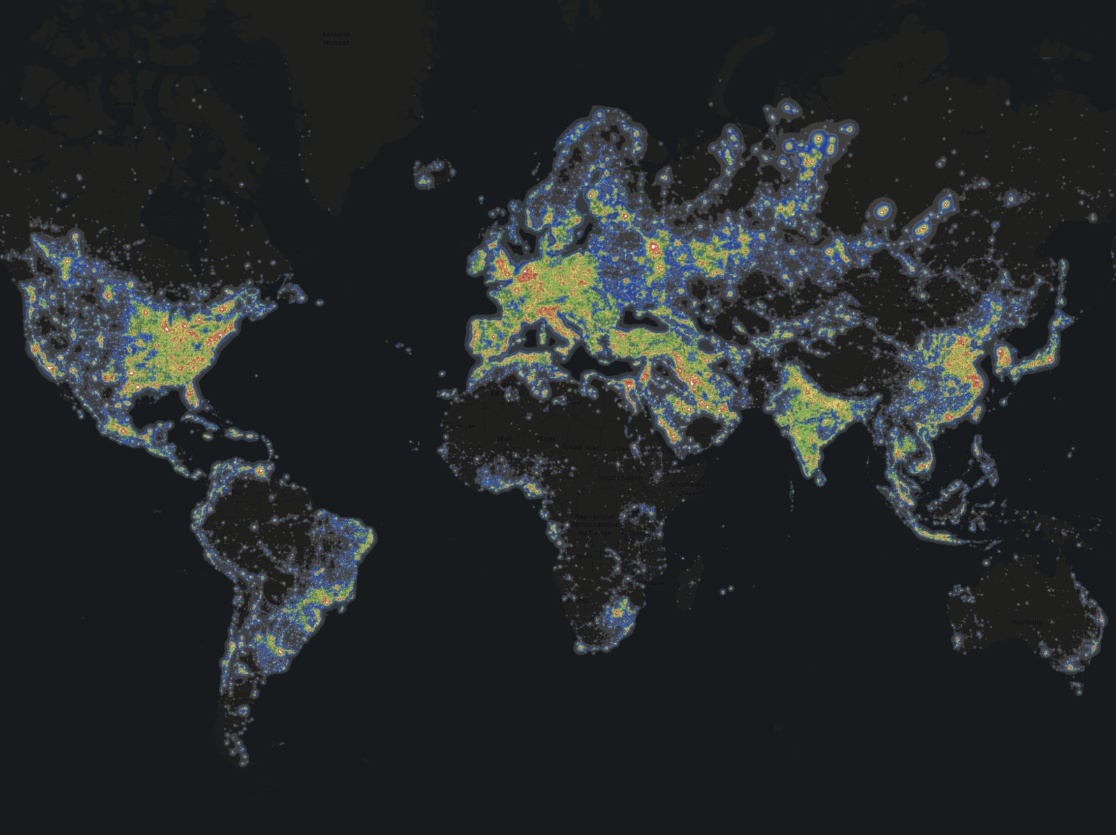 Screenshot of light pollution map.
